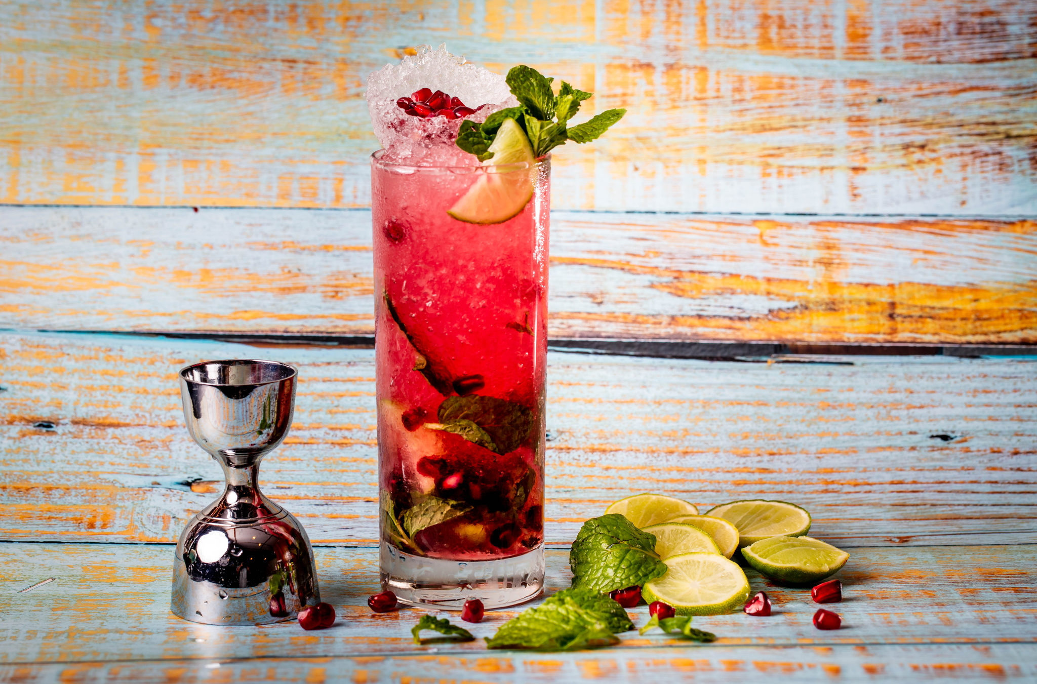 A cocktail with mint and lime