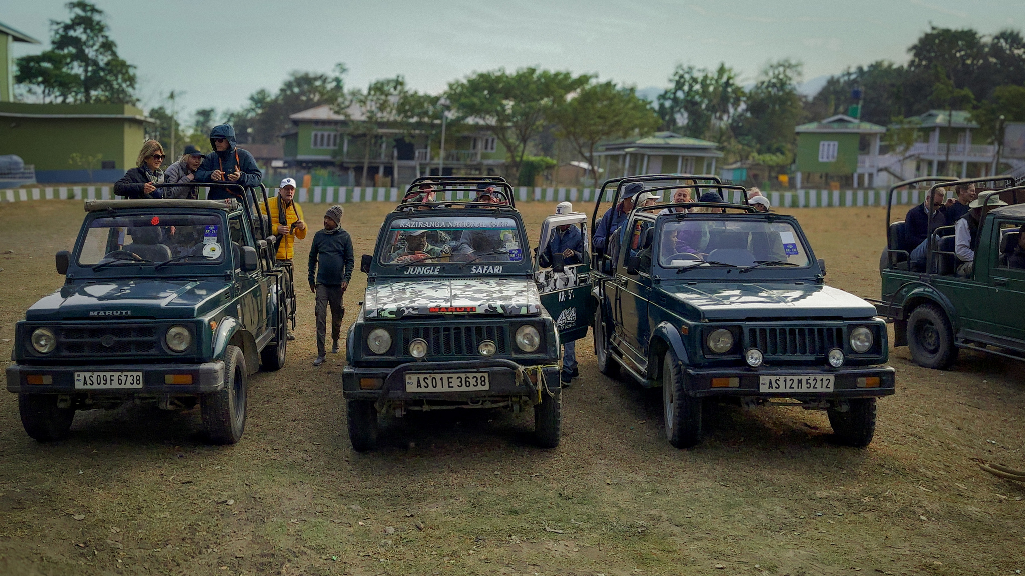 Safari jeeps lined up at the start of the day