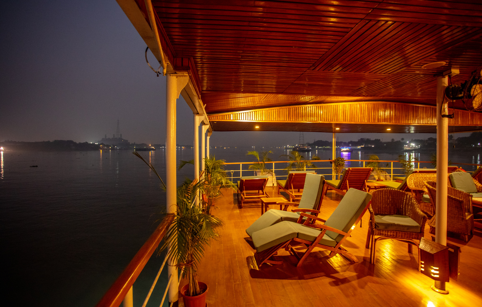 The open deck lit up after dark