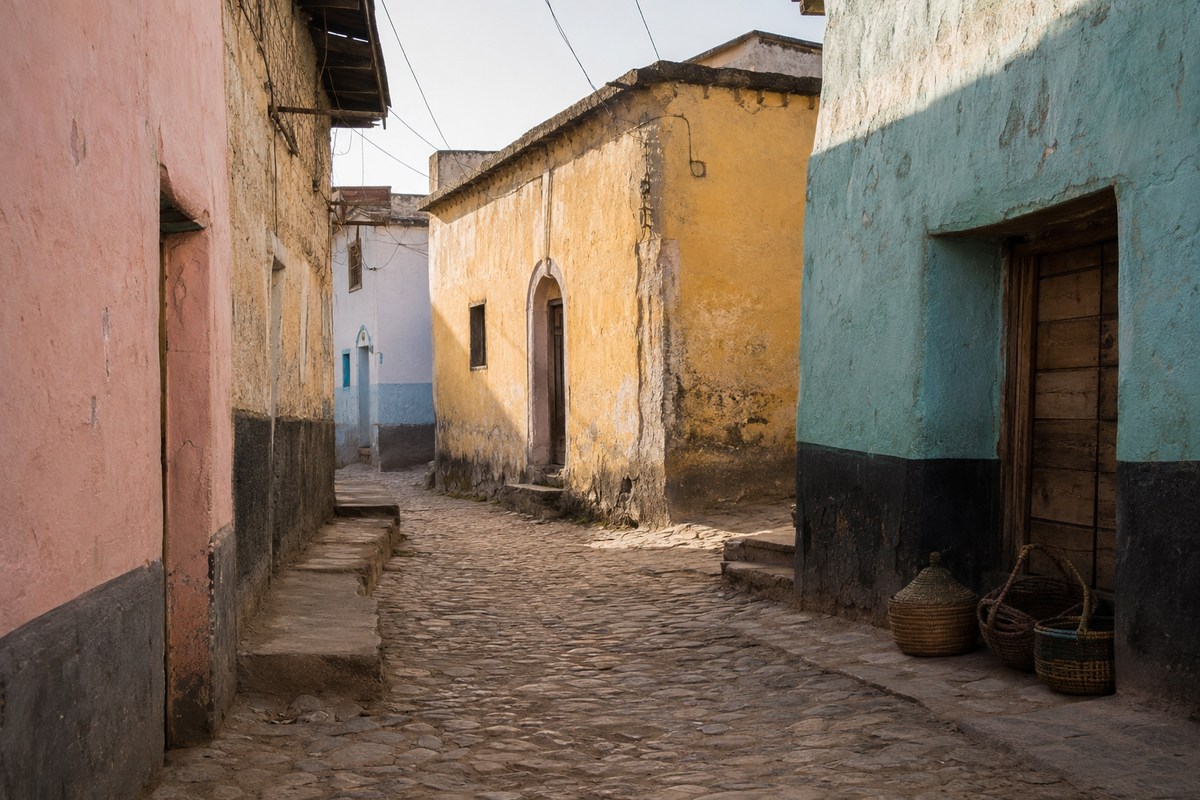 Colourful house walls along a lane in Harar Jugol