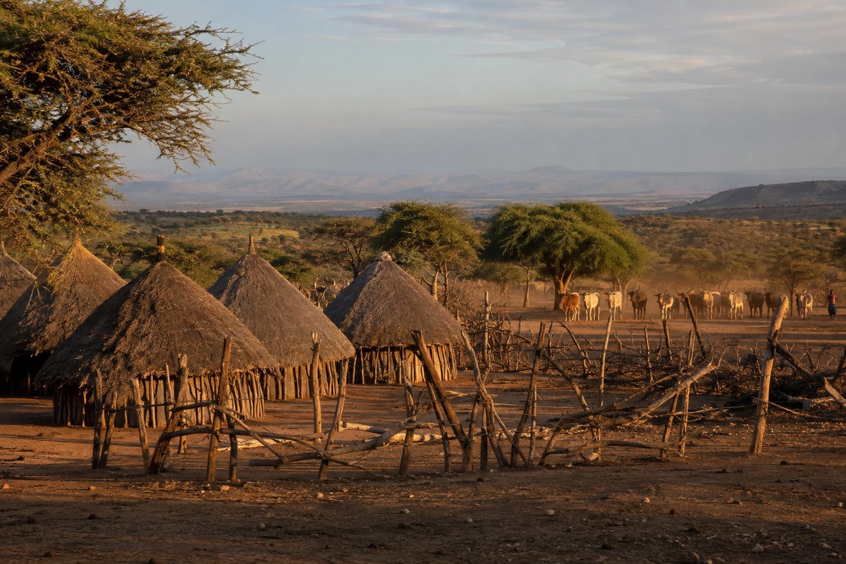 Thatched homes and a cattle enclosure in Hamar country near Turmi