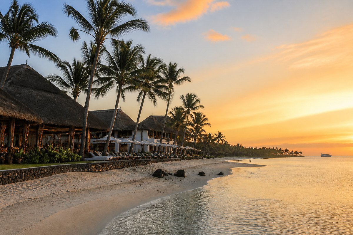 Arrive Mauritius · settle in · sunset