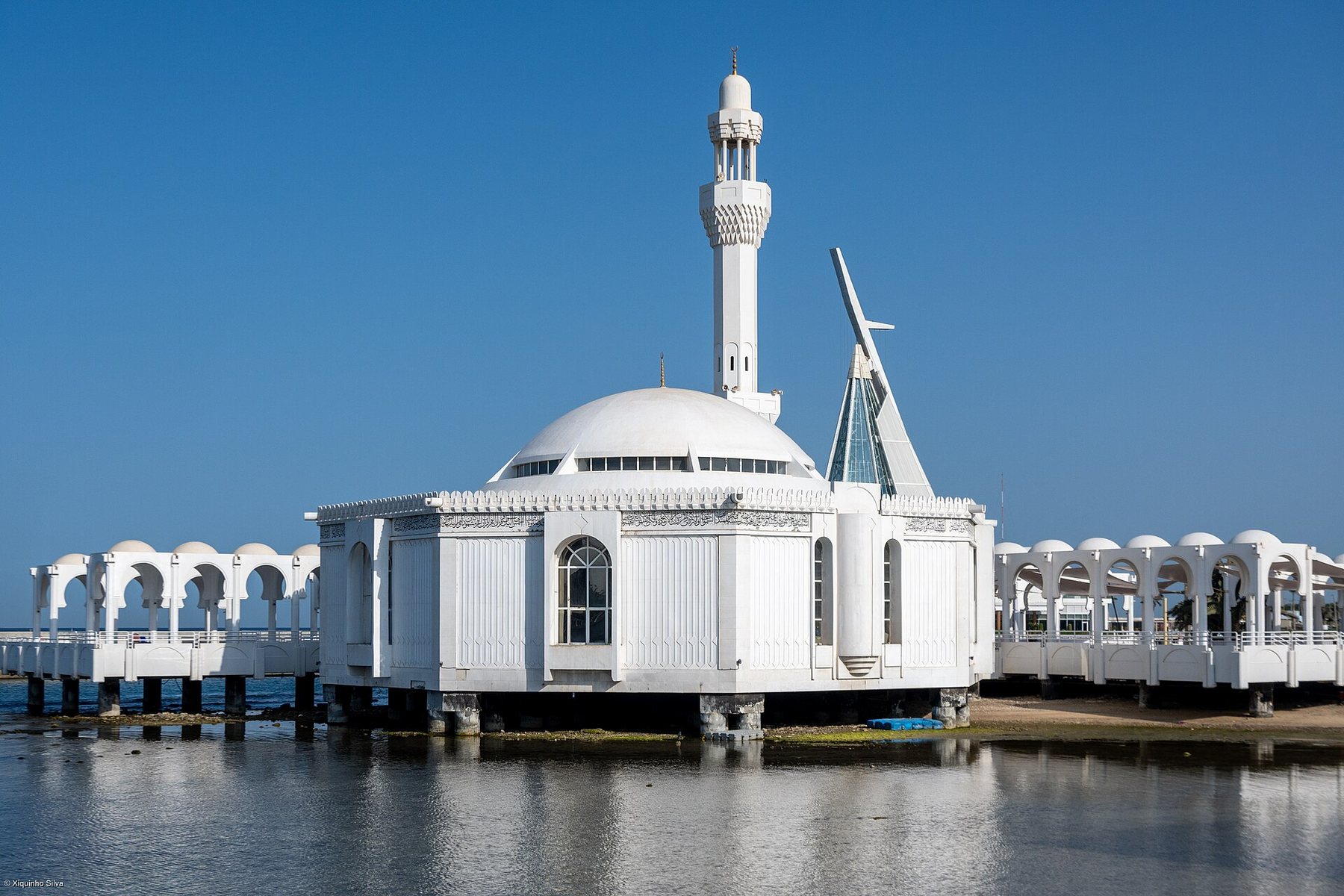 The Al-Rahma Mosque standing over the Red Sea on the Jeddah Corniche