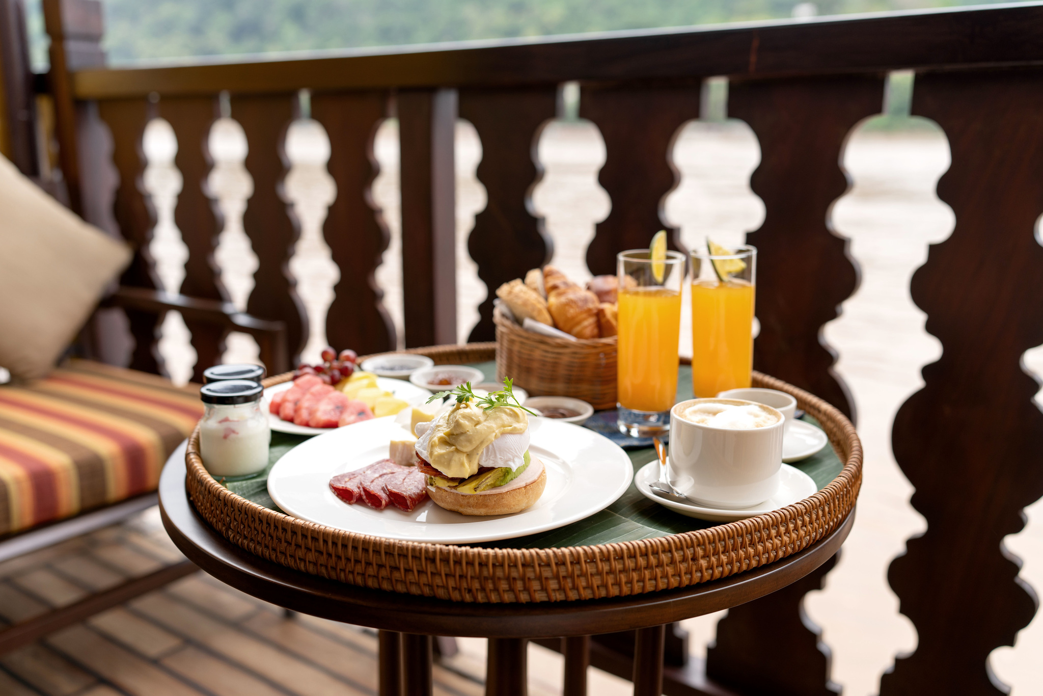 Breakfast on a stateroom's French balcony