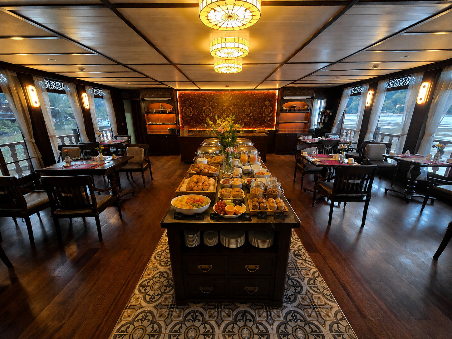 The dining room laid for breakfast