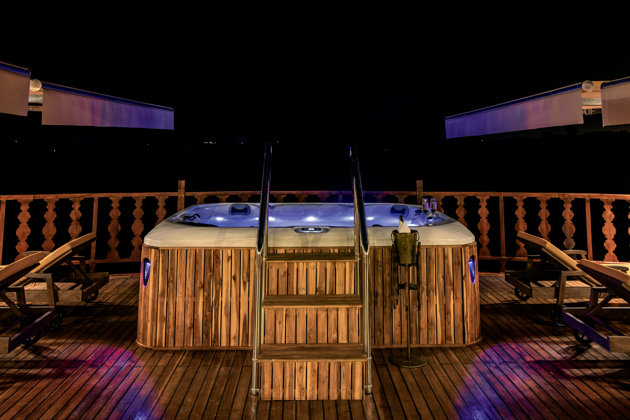 The jacuzzi pool lit up at night