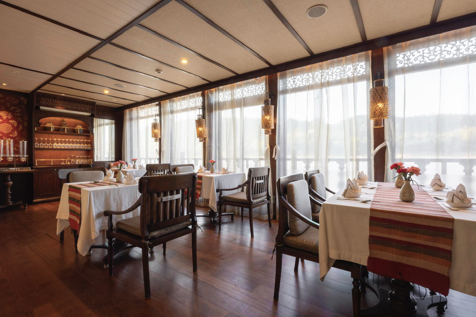 The restaurant, framed by full-length windows