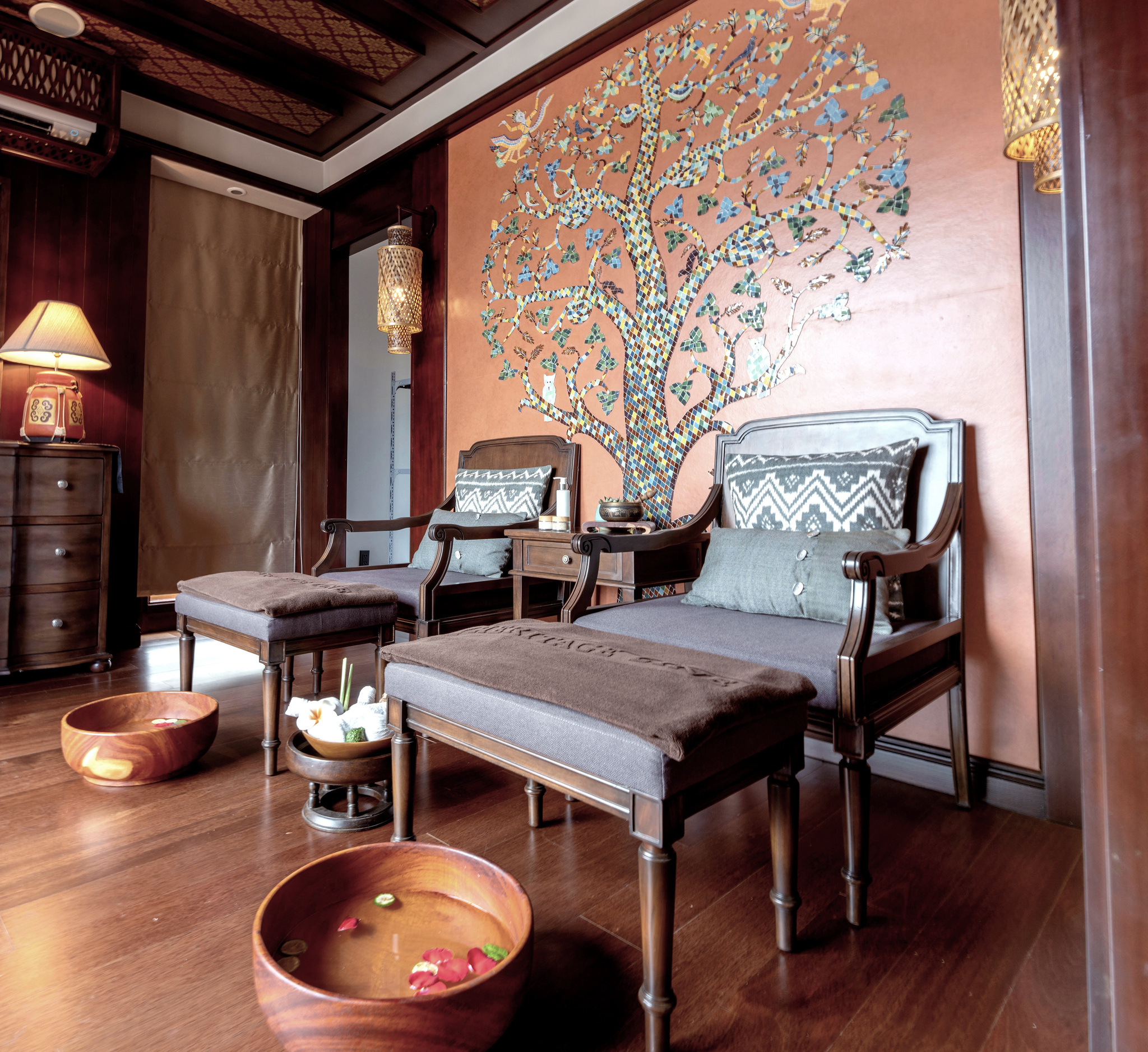 The spa, with a mural of the tree of life
