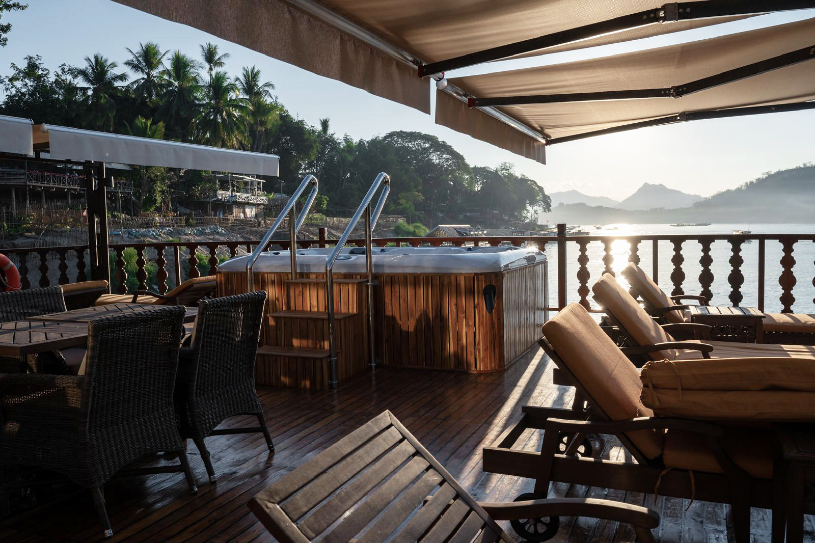 The terrace deck and jacuzzi pool in the morning light