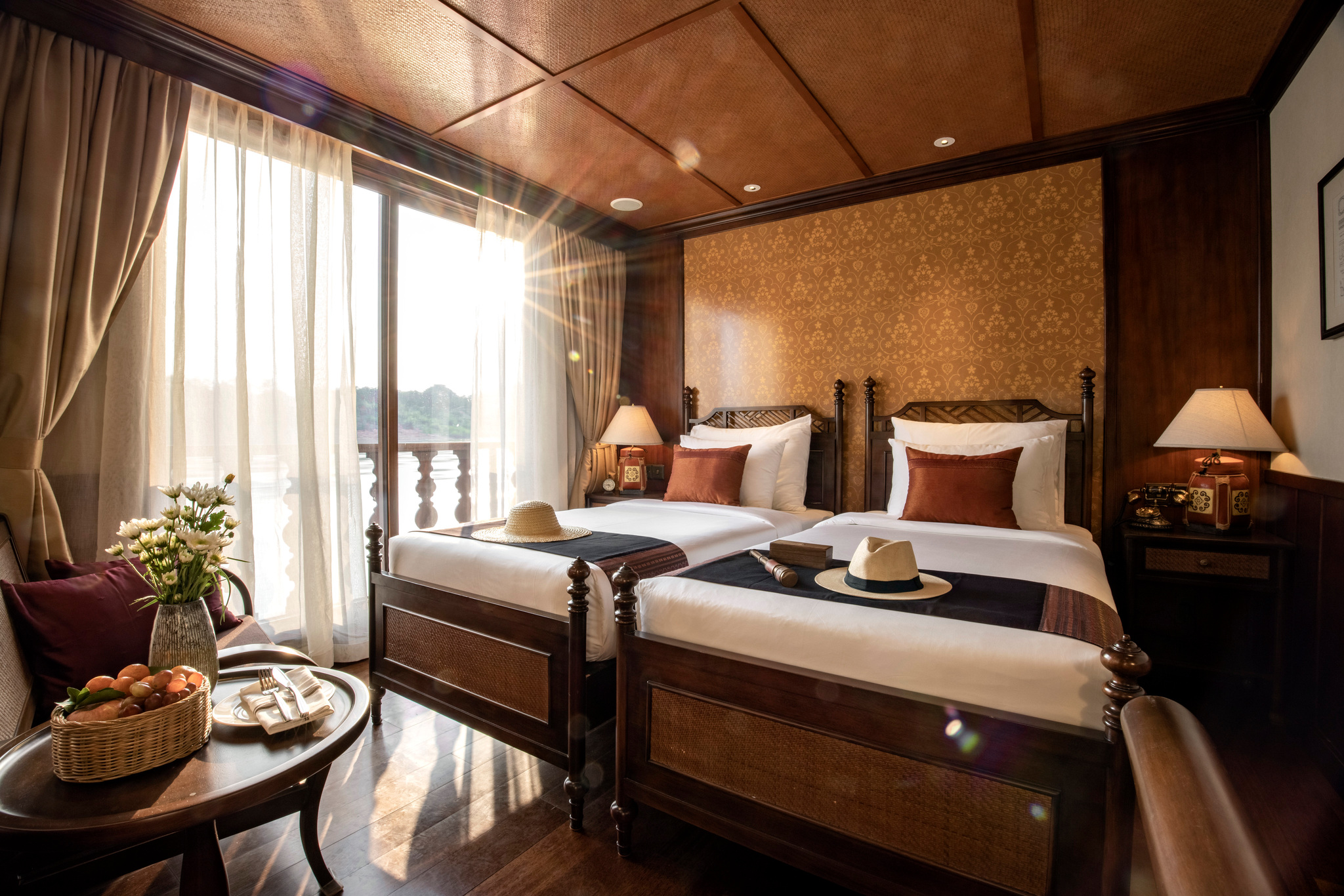 A twin stateroom in the afternoon light