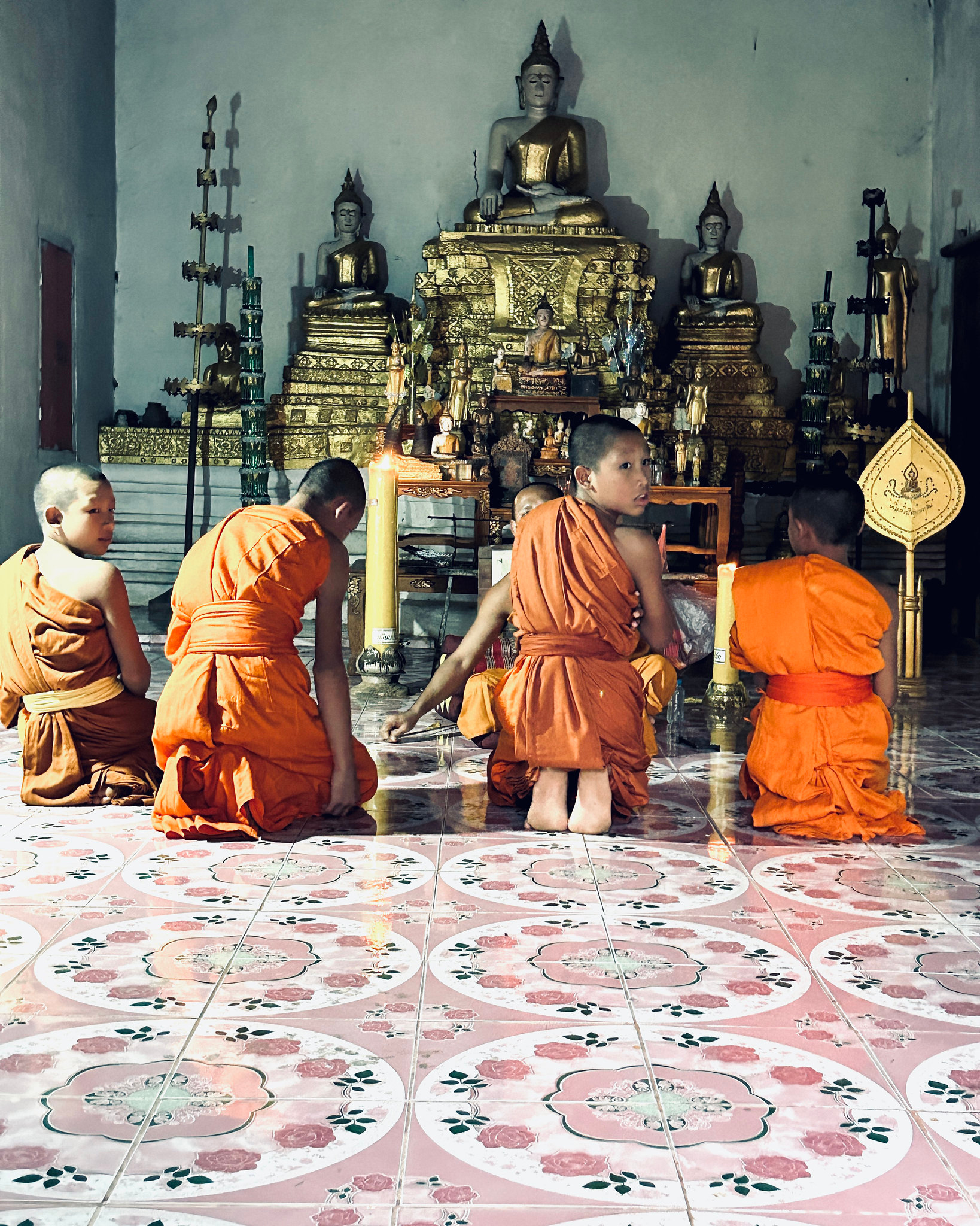 Novice monks at prayer in a village temple