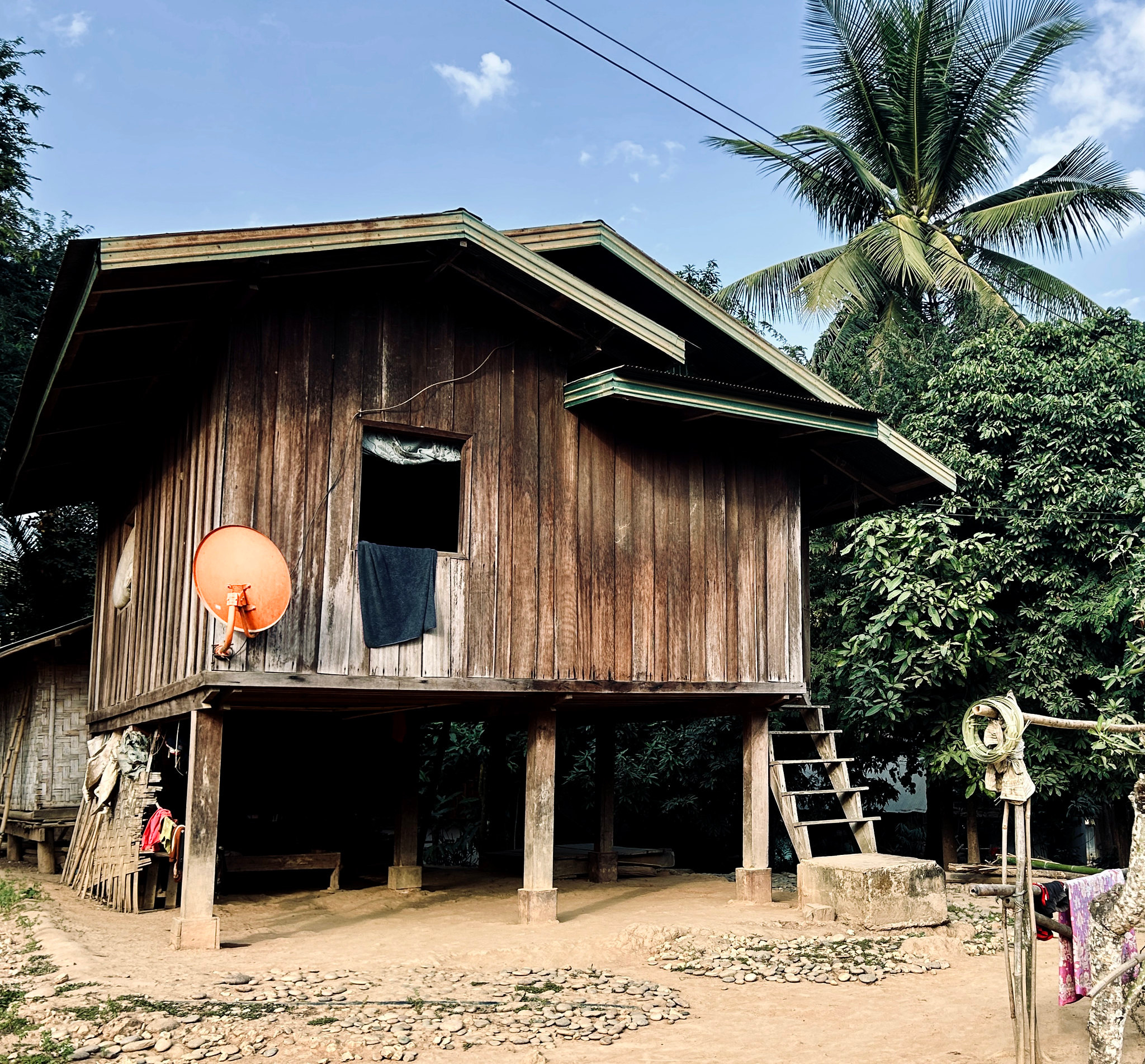 A wooden stilt house under palms