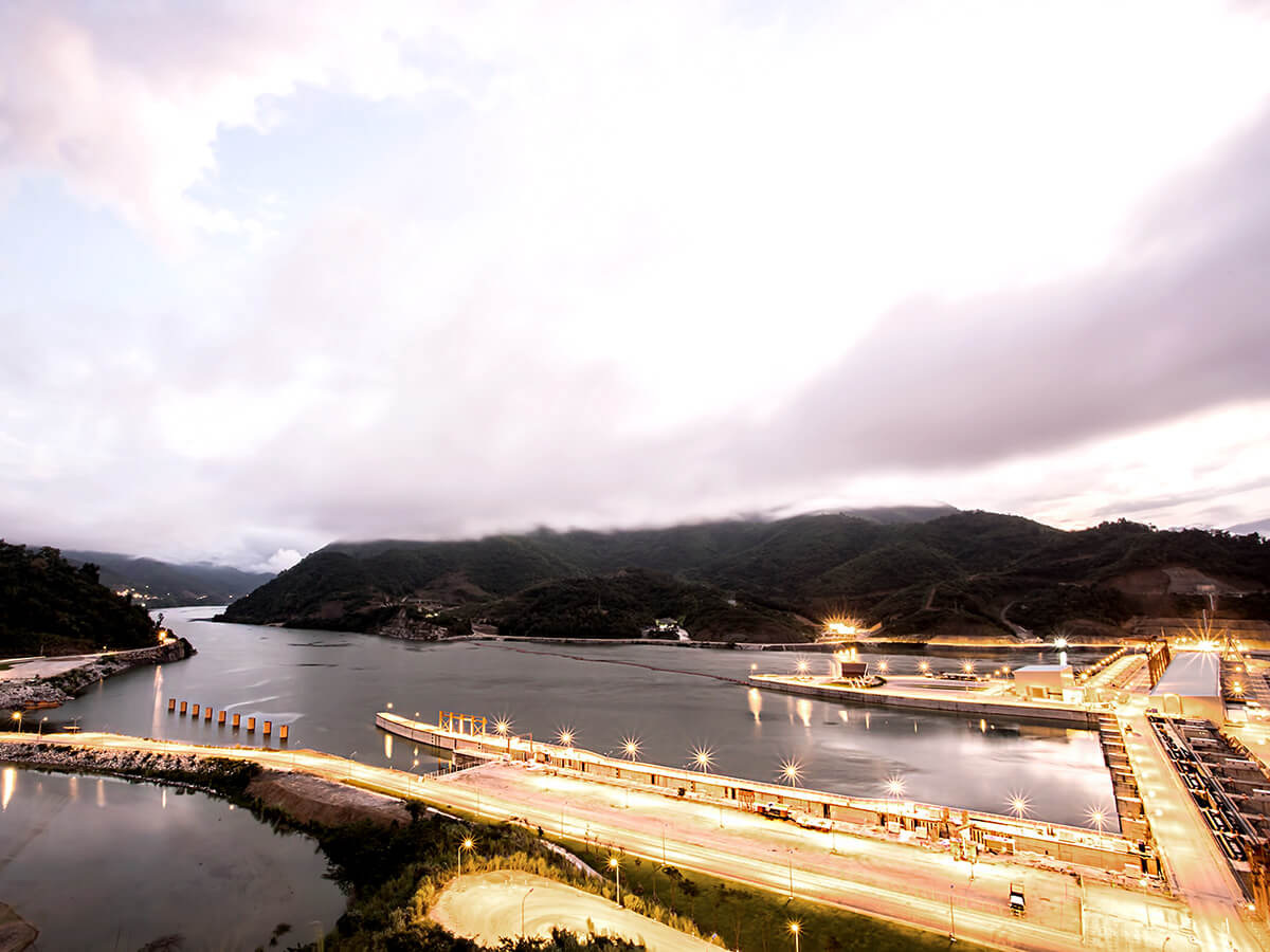 The Xayaburi dam and its lock at dusk