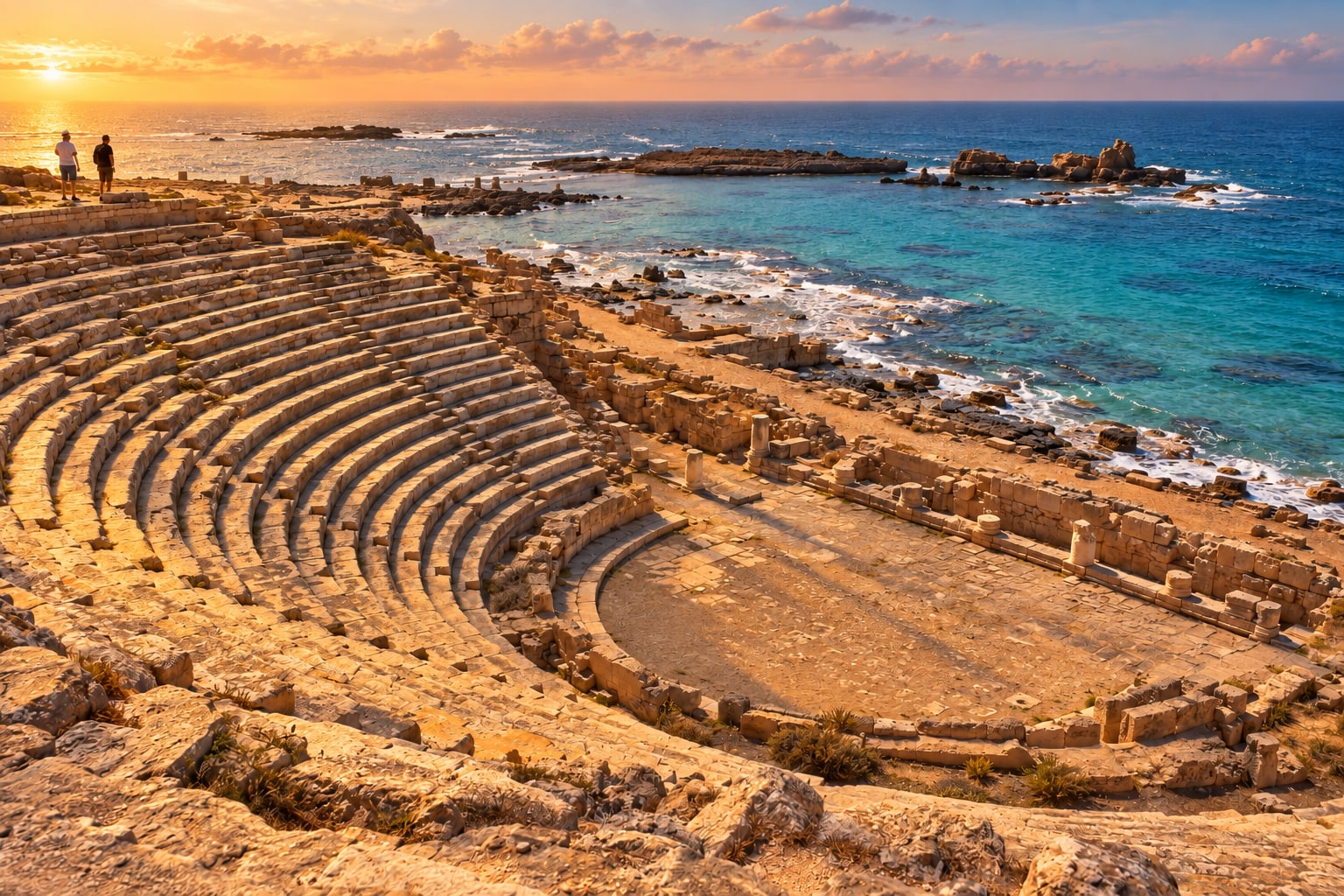 Illustrative golden-hour view of Apollonia's ancient theatre above the turquoise Mediterranean
