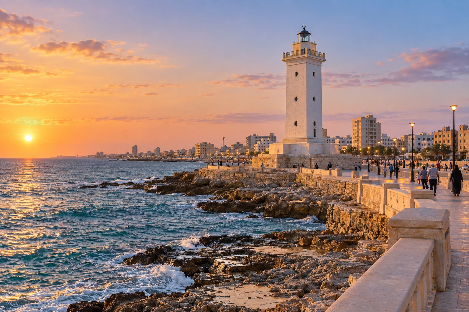 Illustrative view of Benghazi's Sidi Khrebish lighthouse and waterfront promenade at sunset