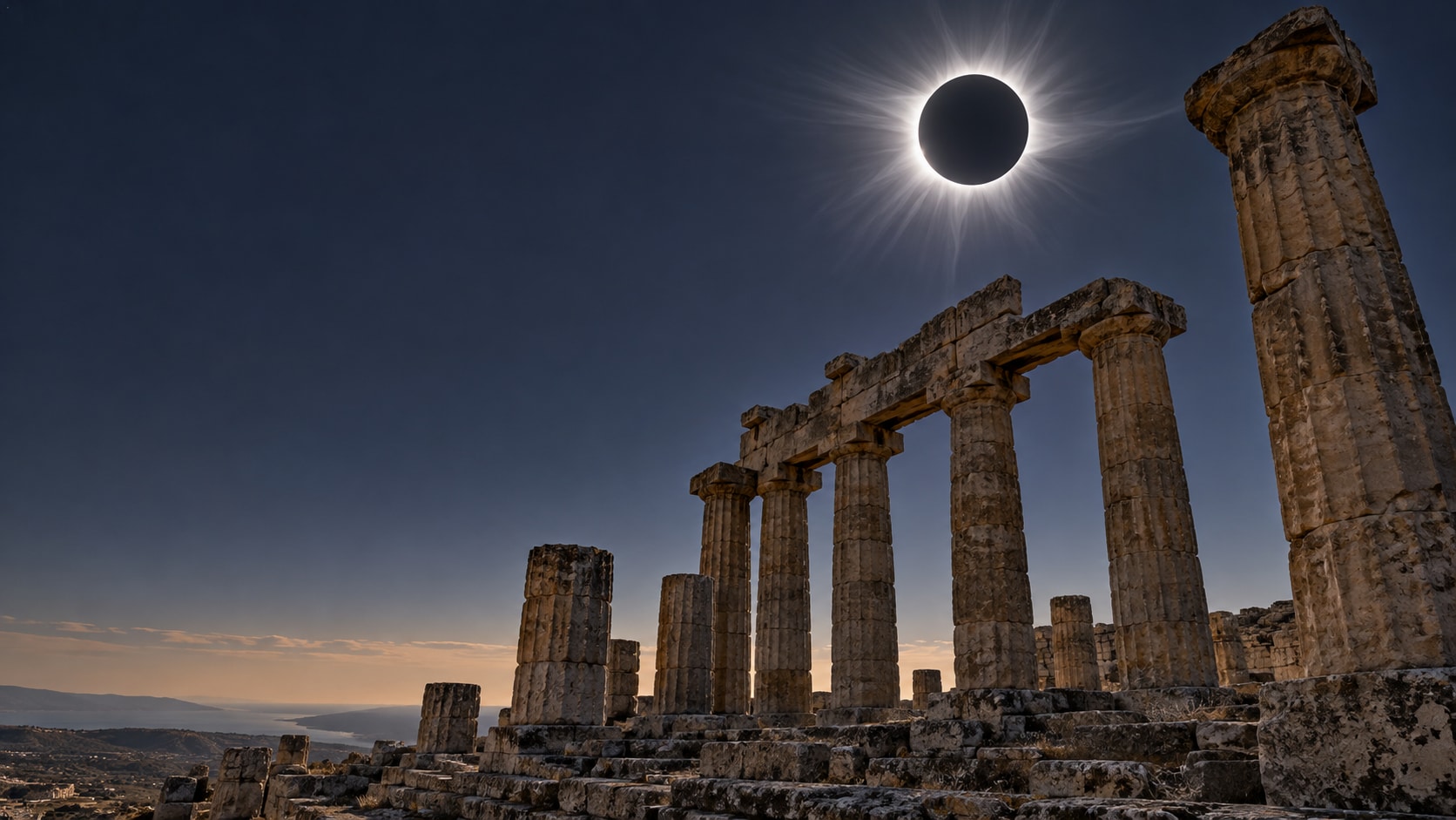 Illustrative total solar eclipse above the Temple of Zeus at Cyrene, eastern Libya