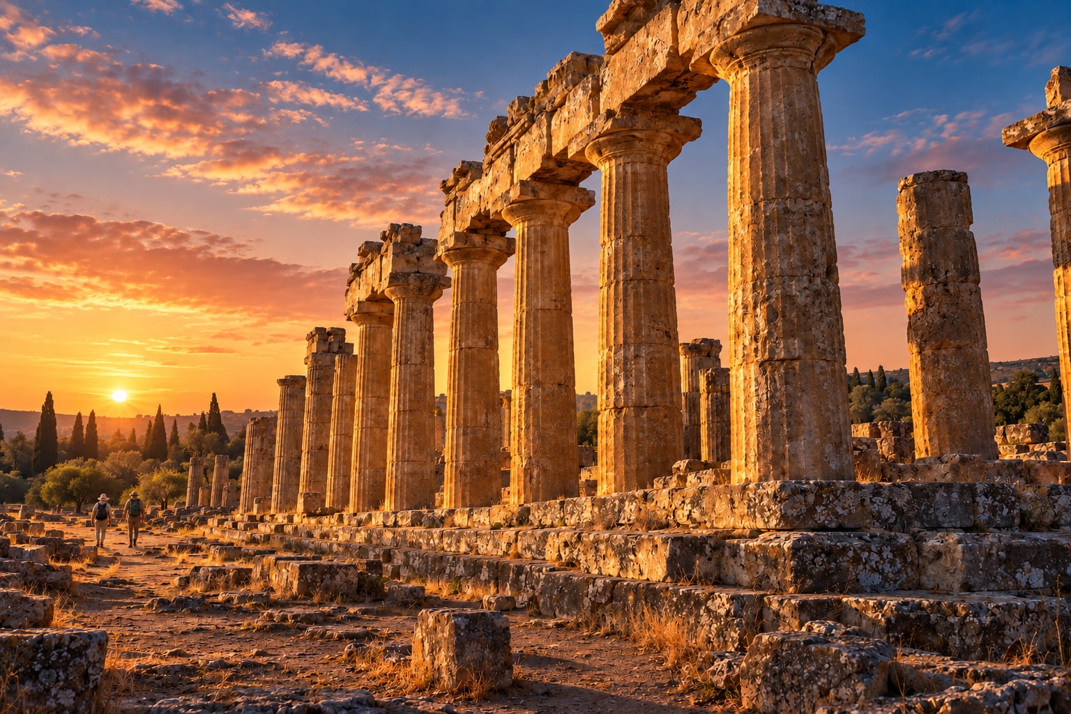 Illustrative golden-hour view of travelers beside the monumental Doric columns of Cyrene's Temple of Zeus