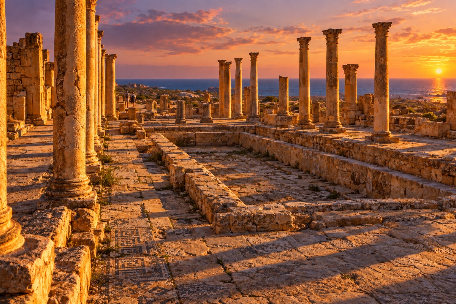 Illustrative sunset view of the Palace of Columns courtyard and Mediterranean horizon at Ptolemais
