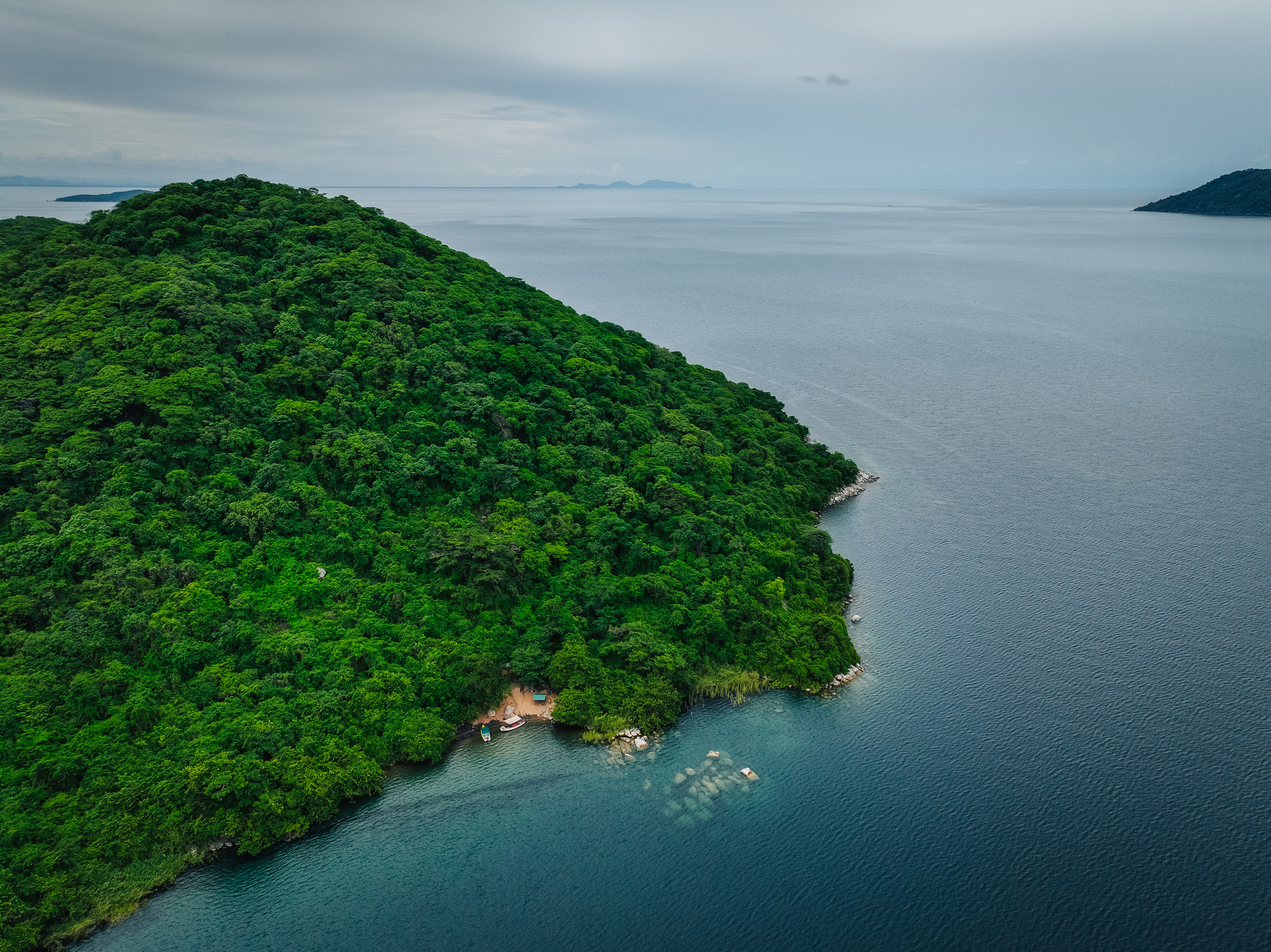 A forested island in Lake Malawi National Park, from the air