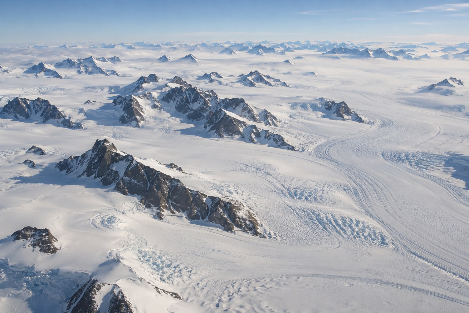 The Antarctic ice sheet and nunataks from the air