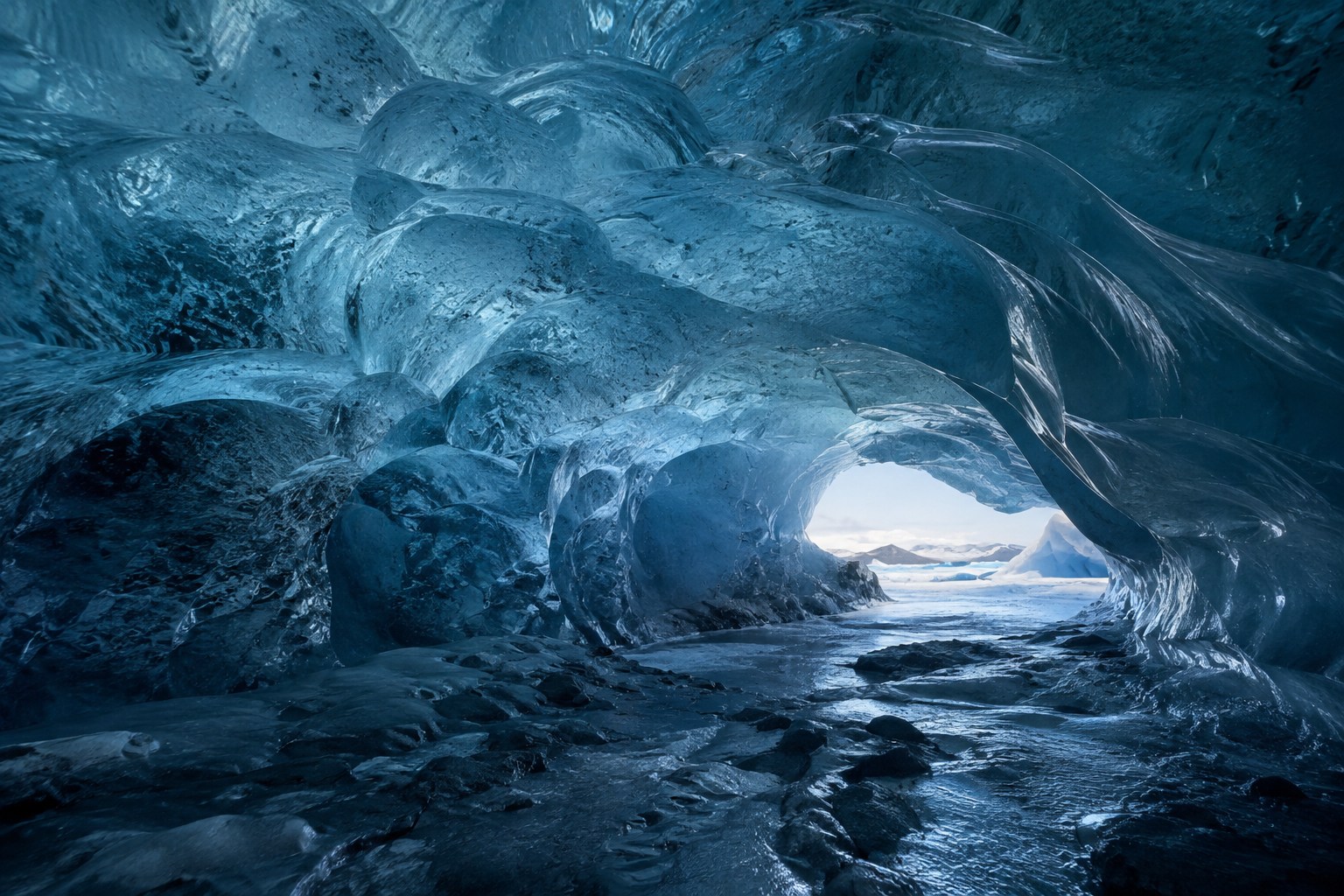 Naturally sculpted blue Antarctic ice