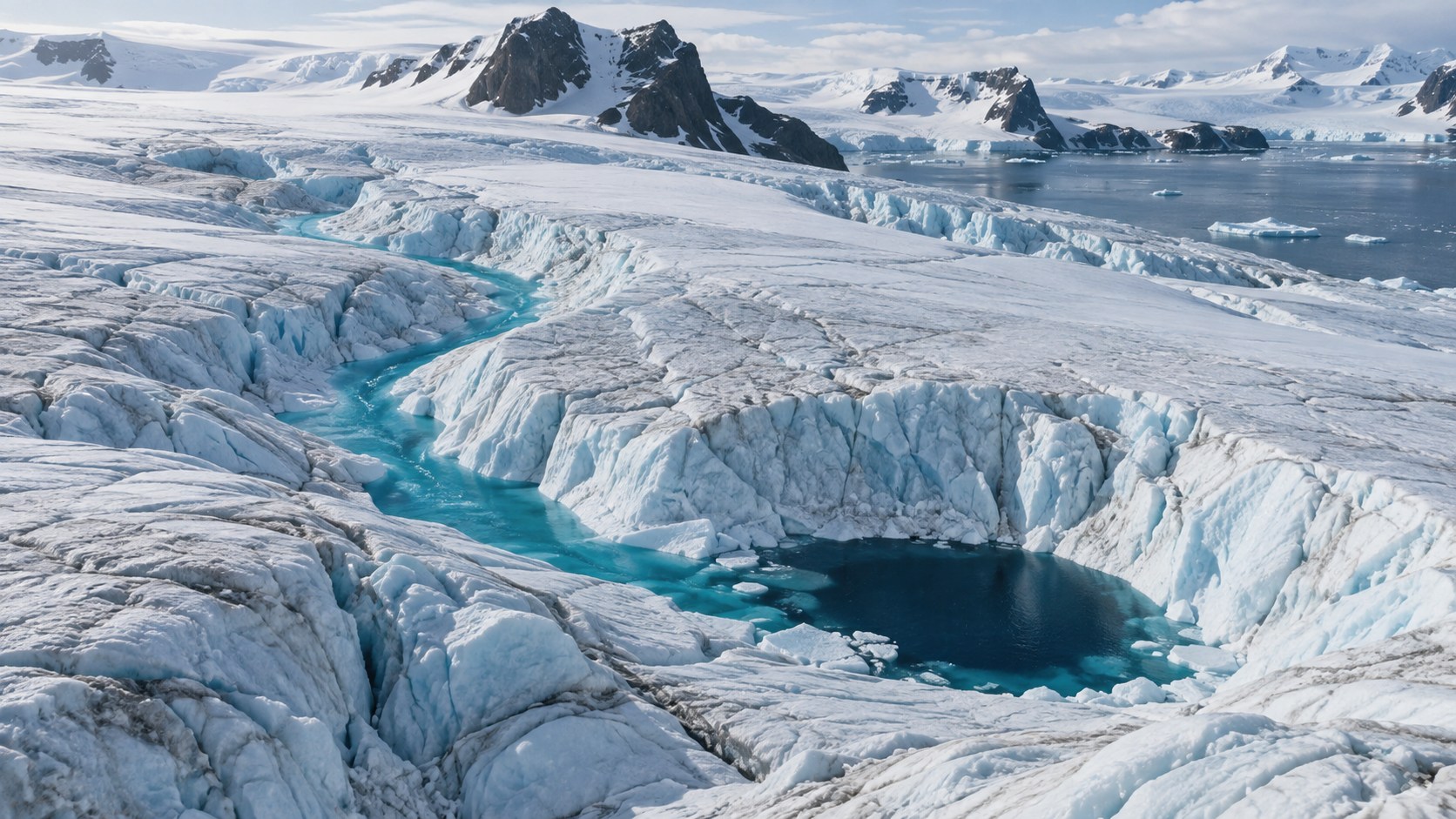 Blue summer meltwater winding across Antarctic glacier ice
