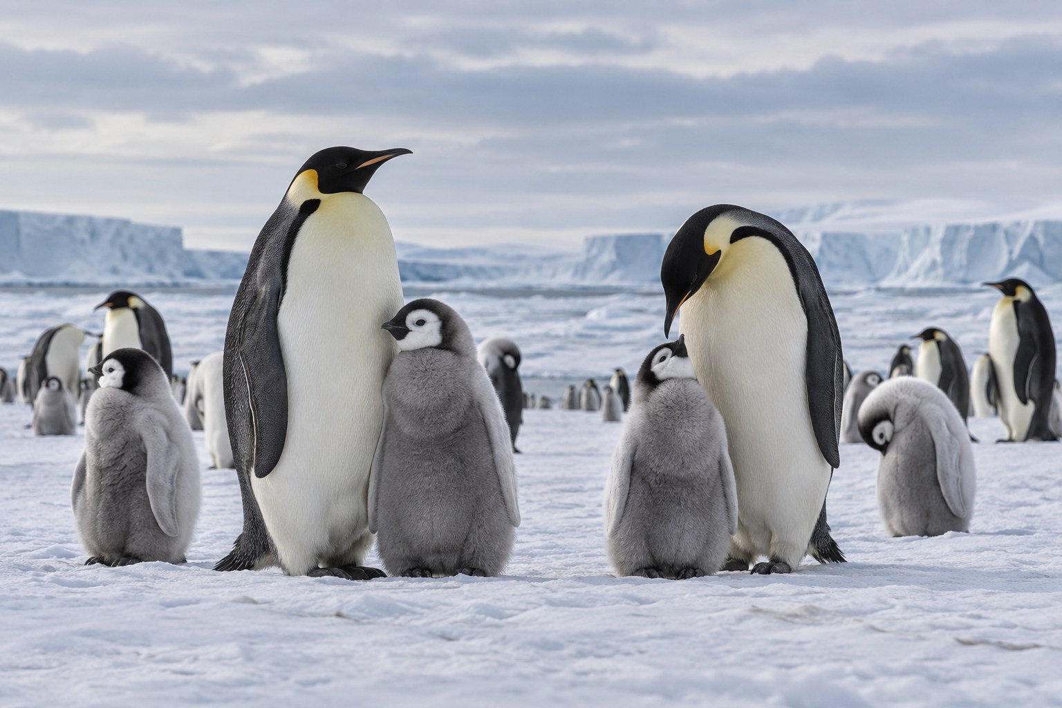 Emperor penguins and their chicks on Antarctic sea ice