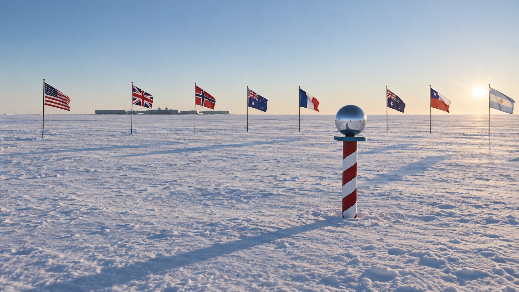 The ceremonial South Pole marker on the Antarctic plateau