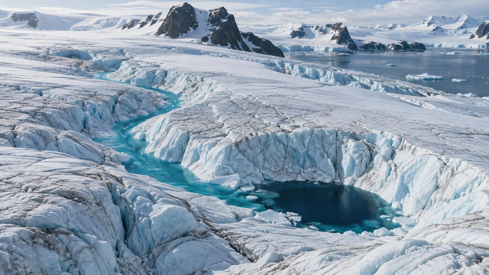 Blue summer meltwater winding across Antarctic glacier ice