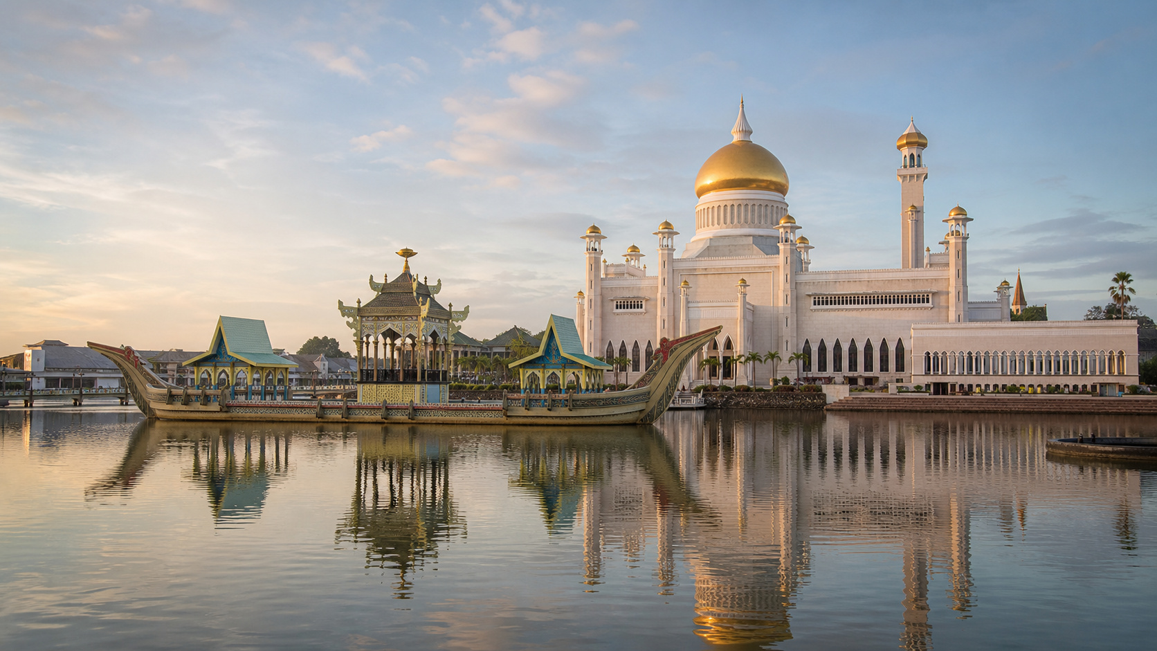 The Omar Ali Saifuddien Mosque and its ceremonial barge on the lagoon in Bandar Seri Begawan, Brunei