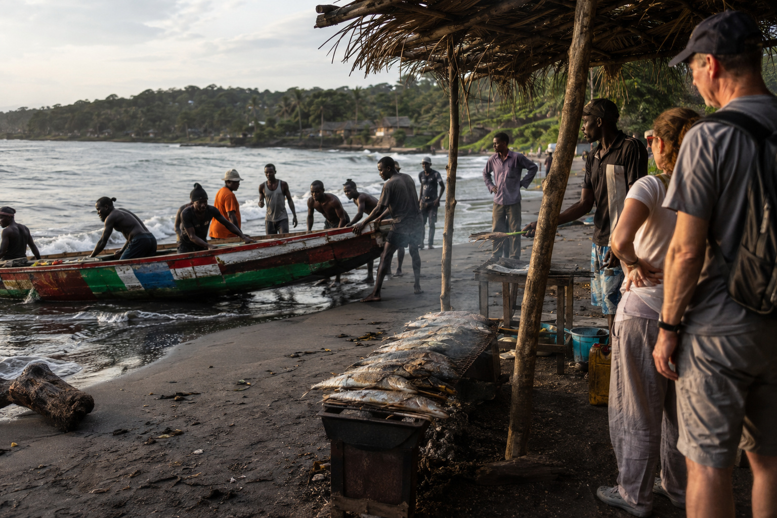 Limbe → Kribi · the Lobé Falls at dusk