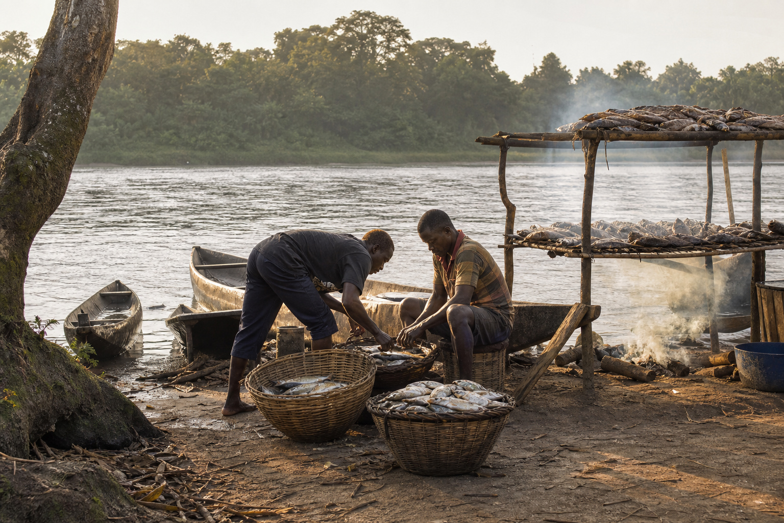 Fishers sorting the day's catch beside pirogues at Likendze