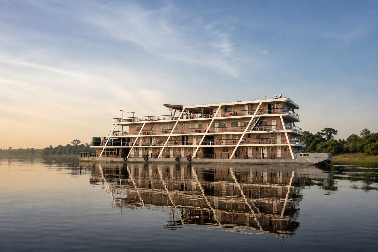 An expedition ship on the Congo River at first light, forested banks on either side