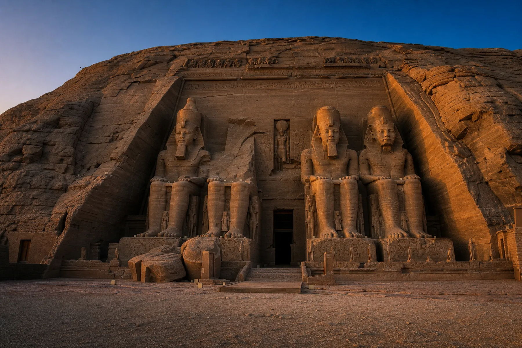 The four colossi of Ramesses II at Abu Simbel in the first light, Egypt