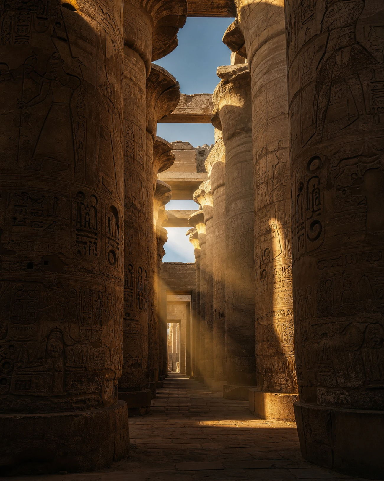 Sunlight falling between the carved columns of the great hypostyle hall at Karnak, Luxor, Egypt