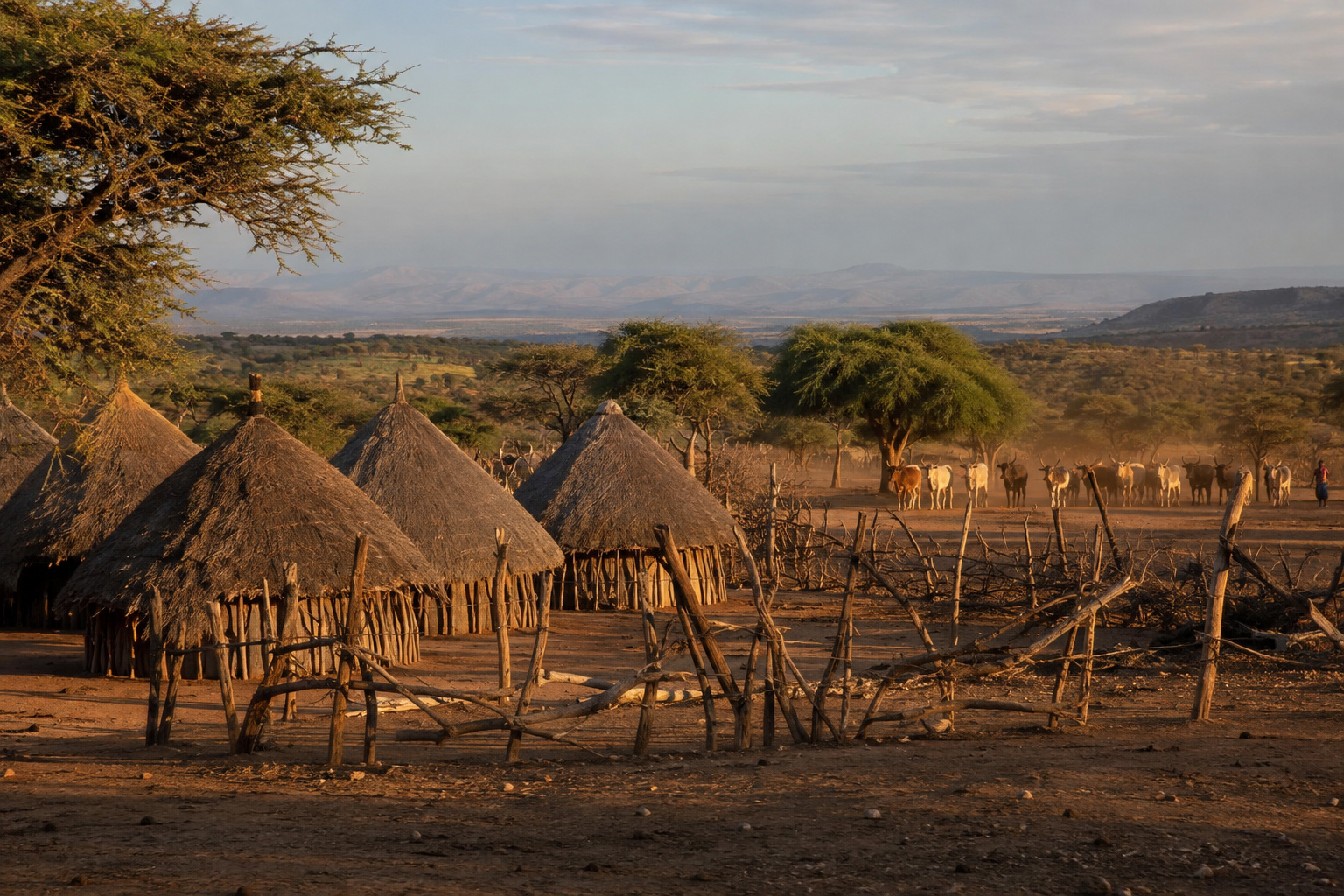 Thatched homes and a cattle enclosure in Hamar country near Turmi
