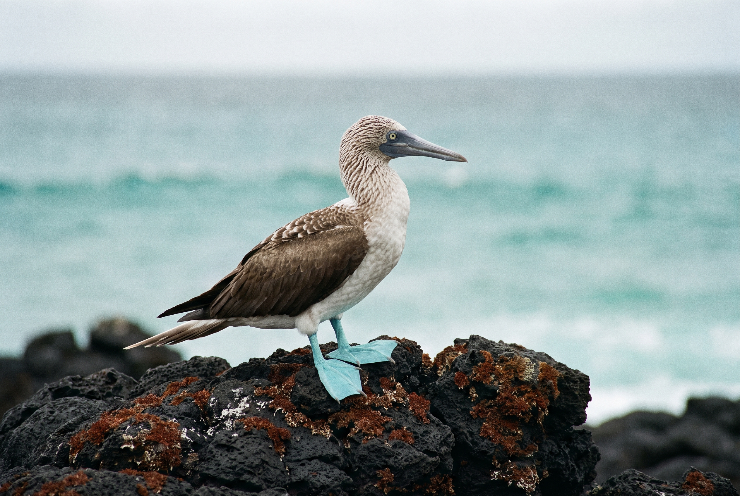 A blue-footed booby standing on volcanic lava in the Galápagos Islands