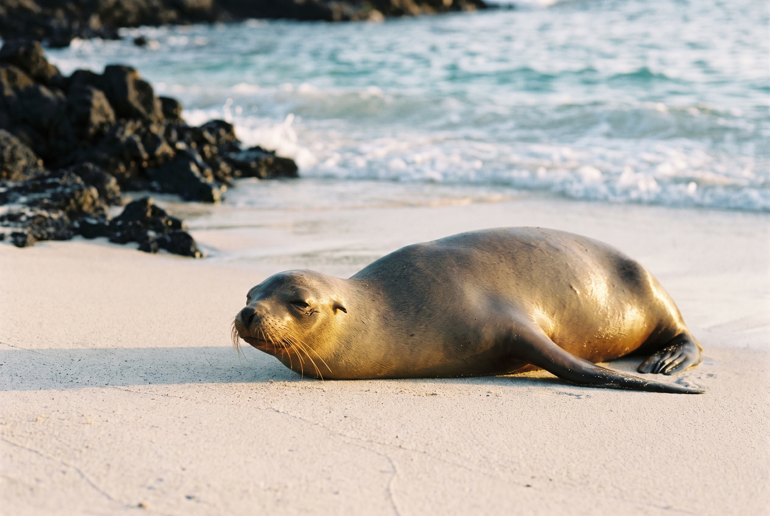 Galápagos sea lion resting on the sand