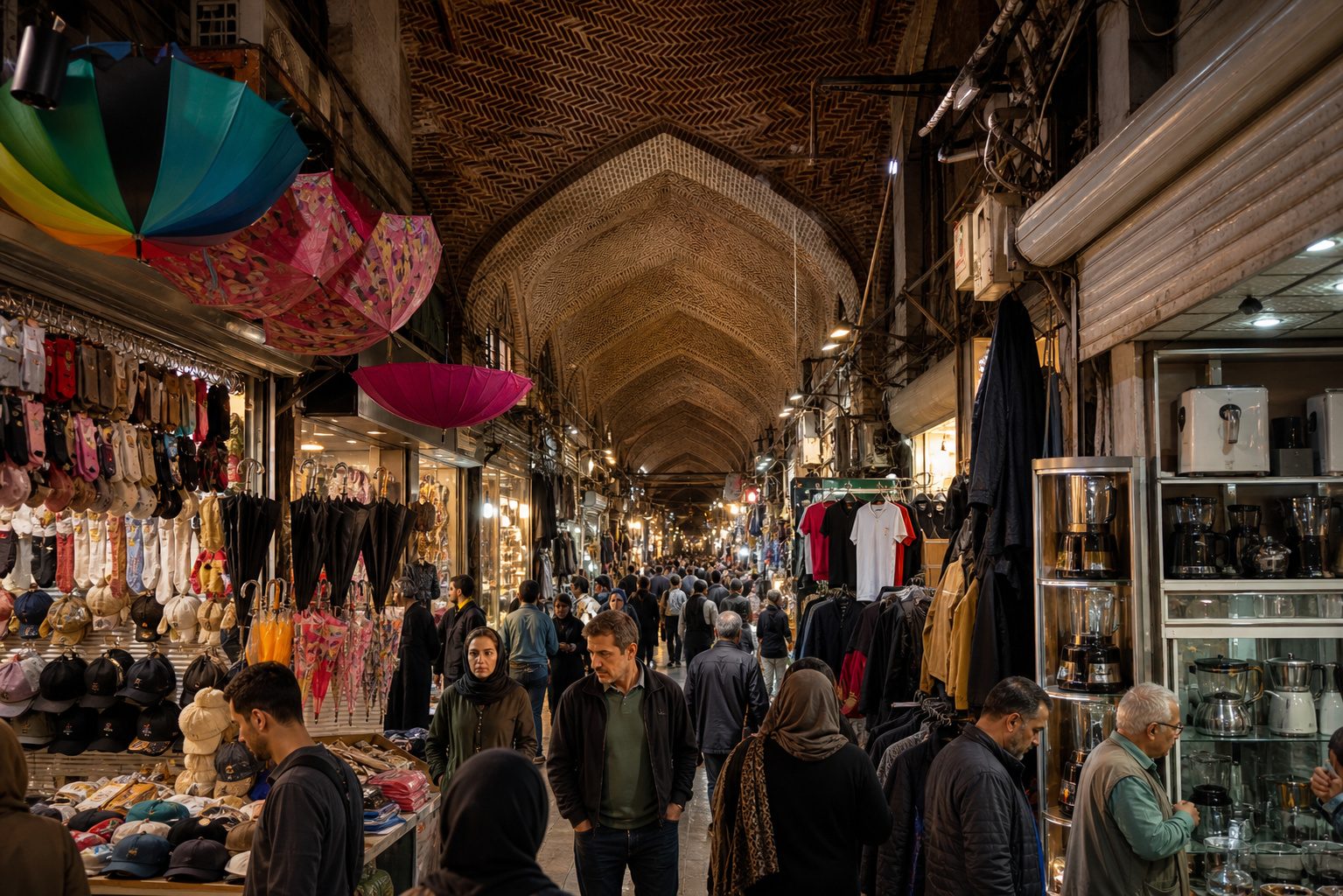 Shoppers under the vaulted brick arcades of the Grand Bazaar in Tehran