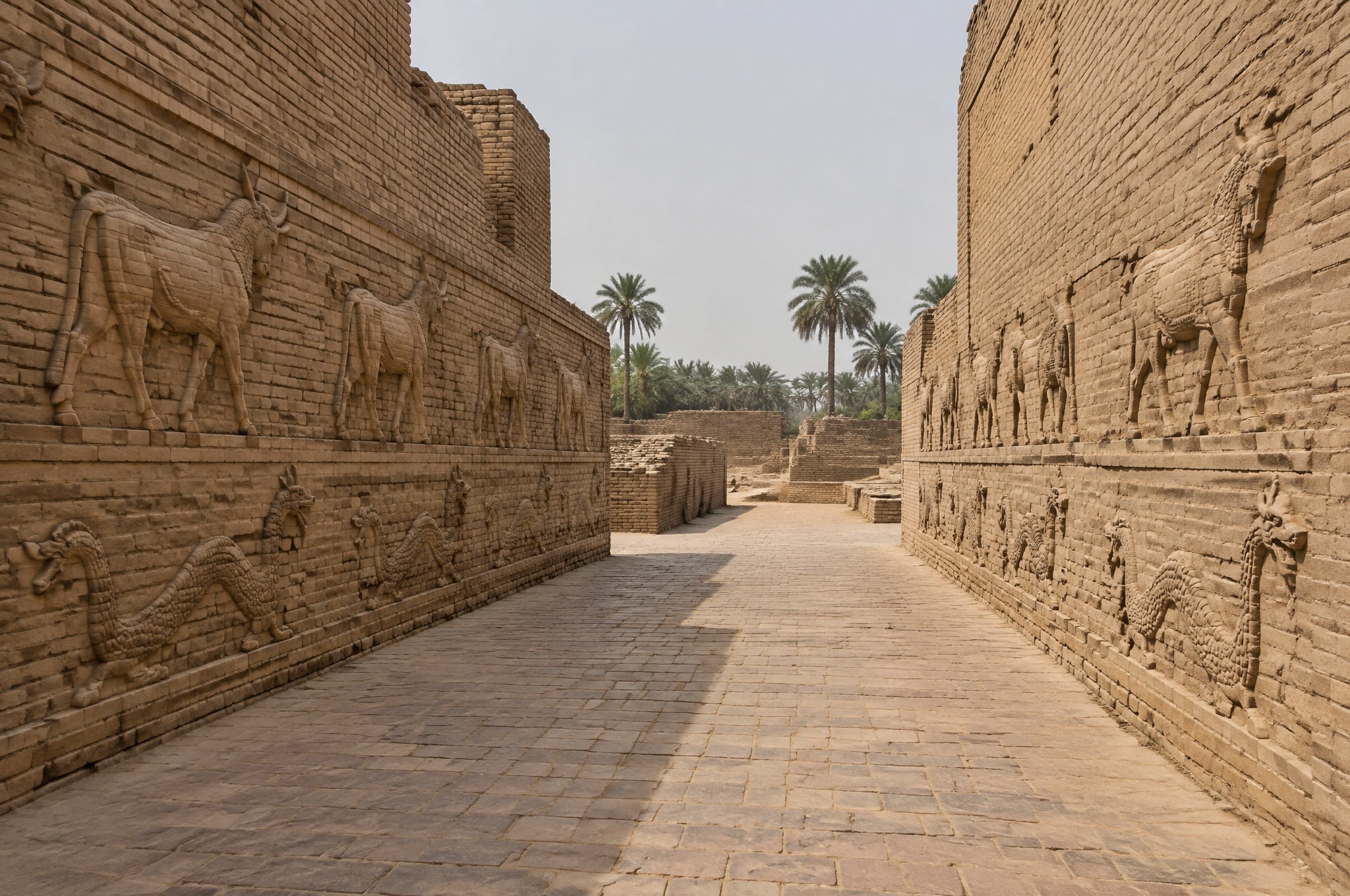 Moulded brick bulls and dragons along the processional way at Babylon, Iraq