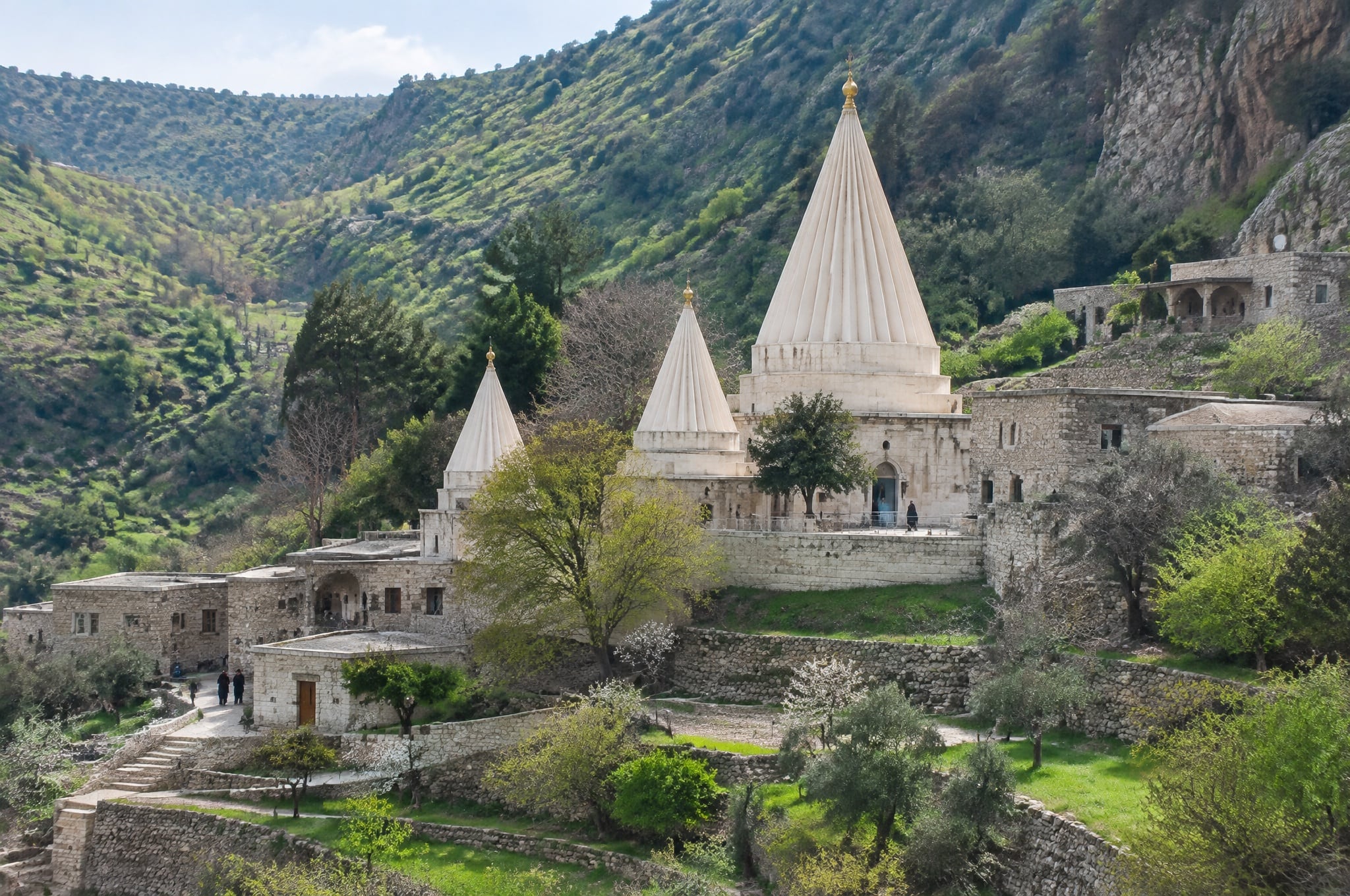 The conical spires of the Yazidi shrine at Lalish, Iraq