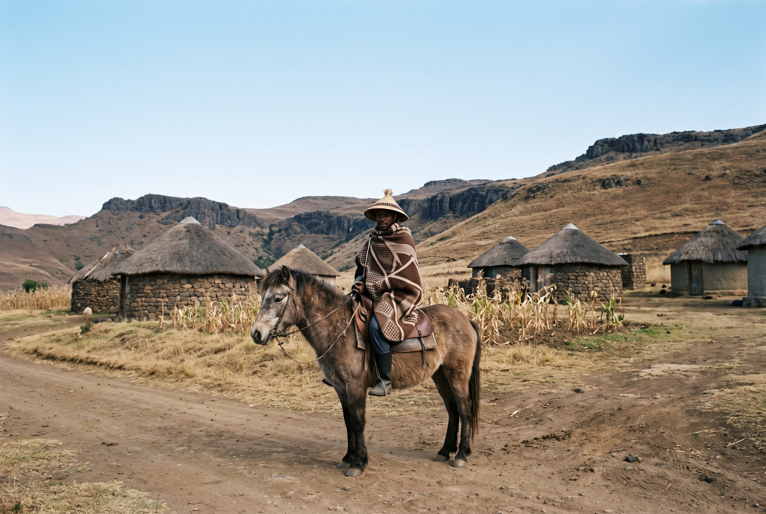 Basotho woman riding a pony through a Lesotho highland village
