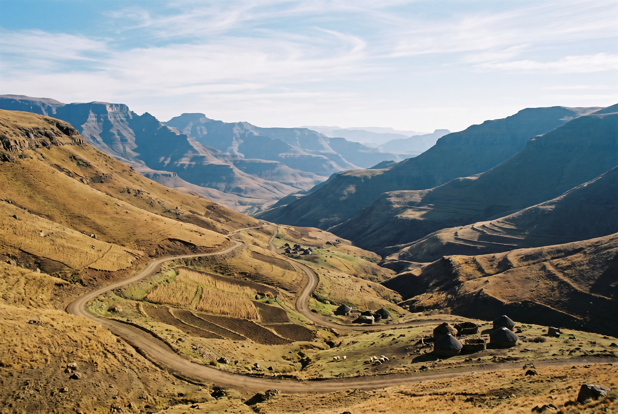 Cultivated valleys and basalt ridges along a high Maloti Mountains pass