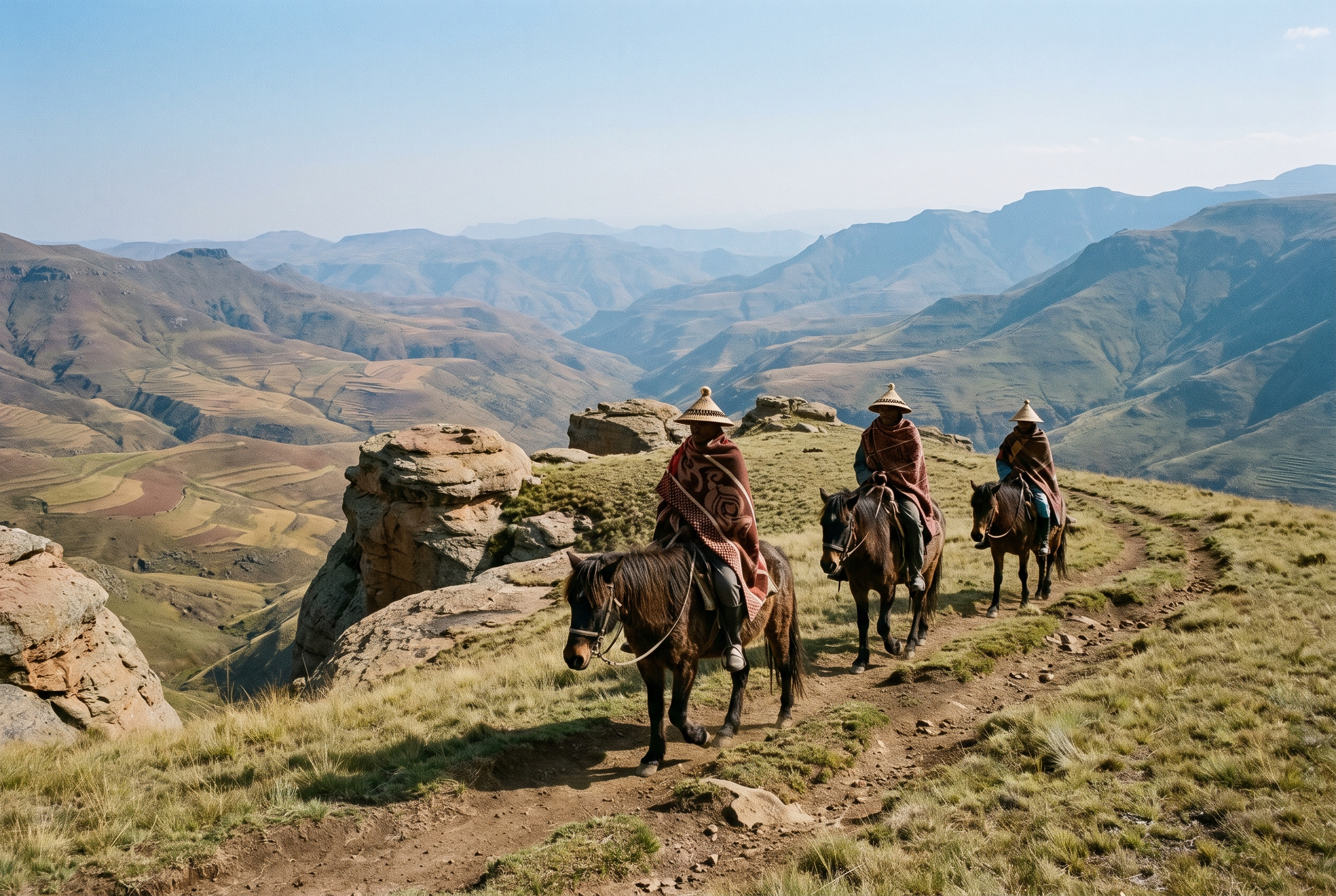 Basotho riders on a pony trail above Malealea in western Lesotho