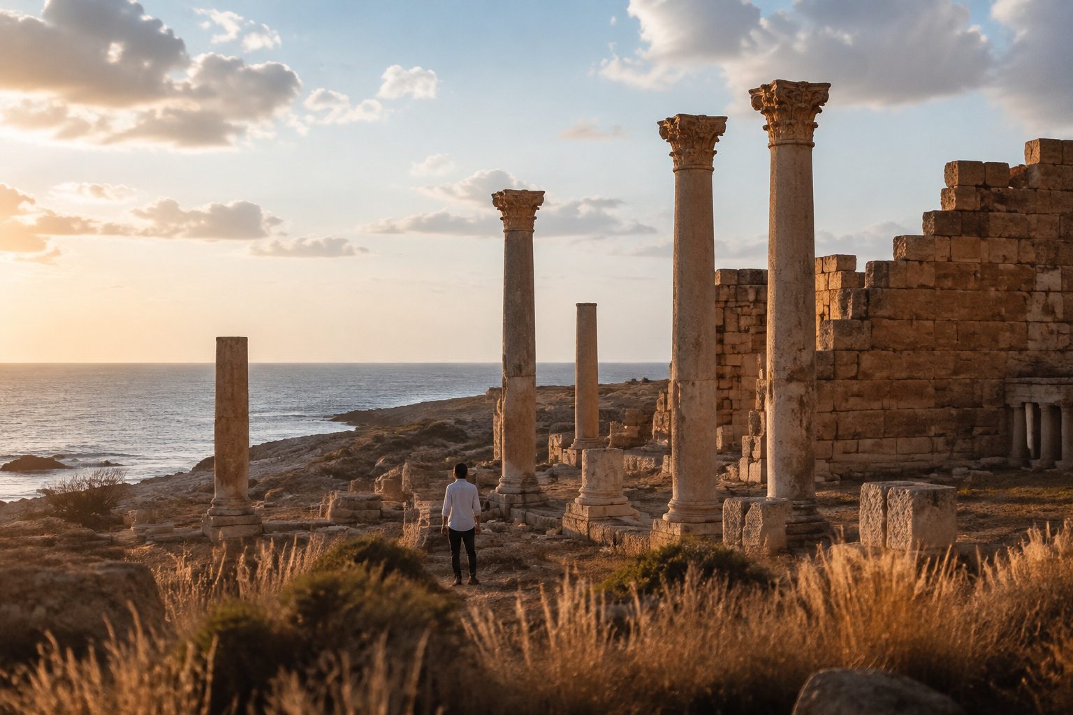 Arrival and Sabratha coastal temple ruins