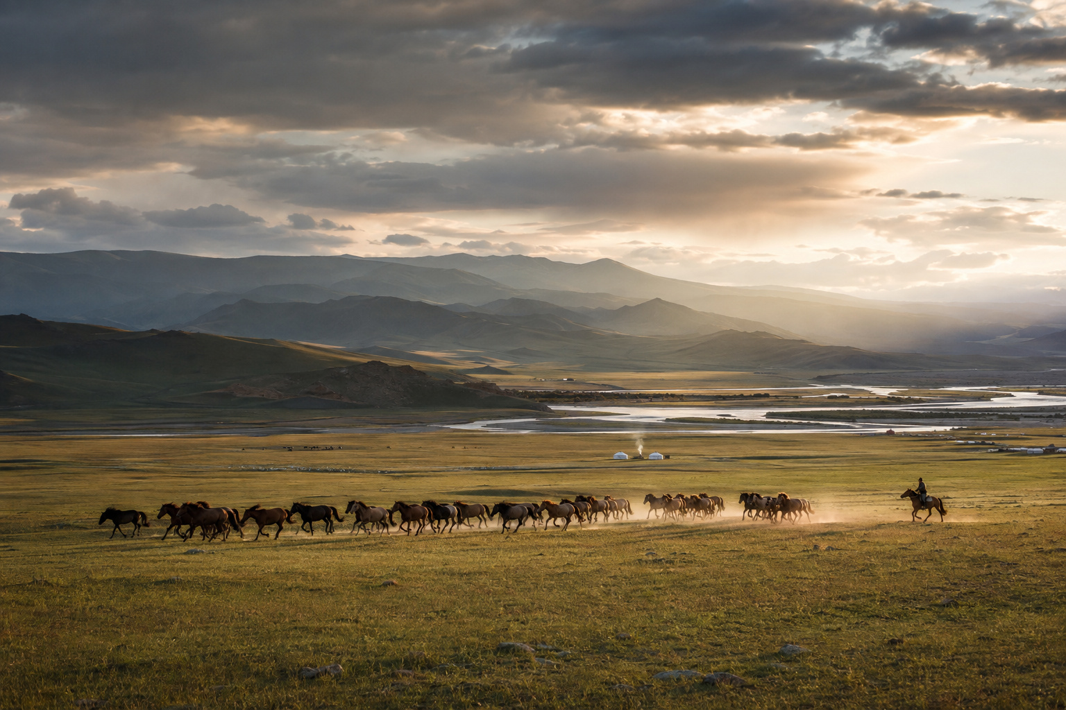 Mongolian horse herd crossing the Arkhangai steppe beneath the Khangai Mountains