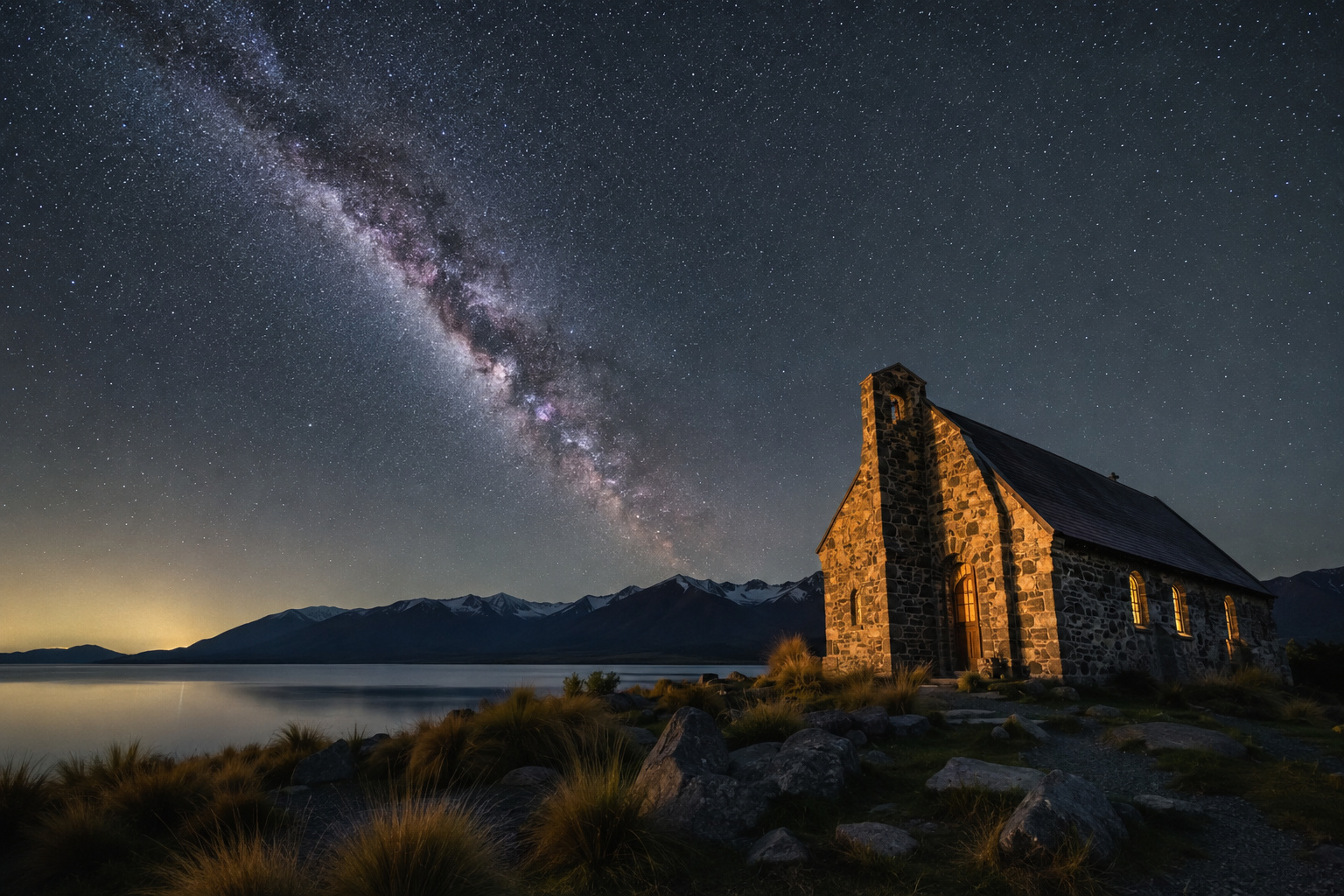 Lake Tekapo · turquoise water, black-velvet sky