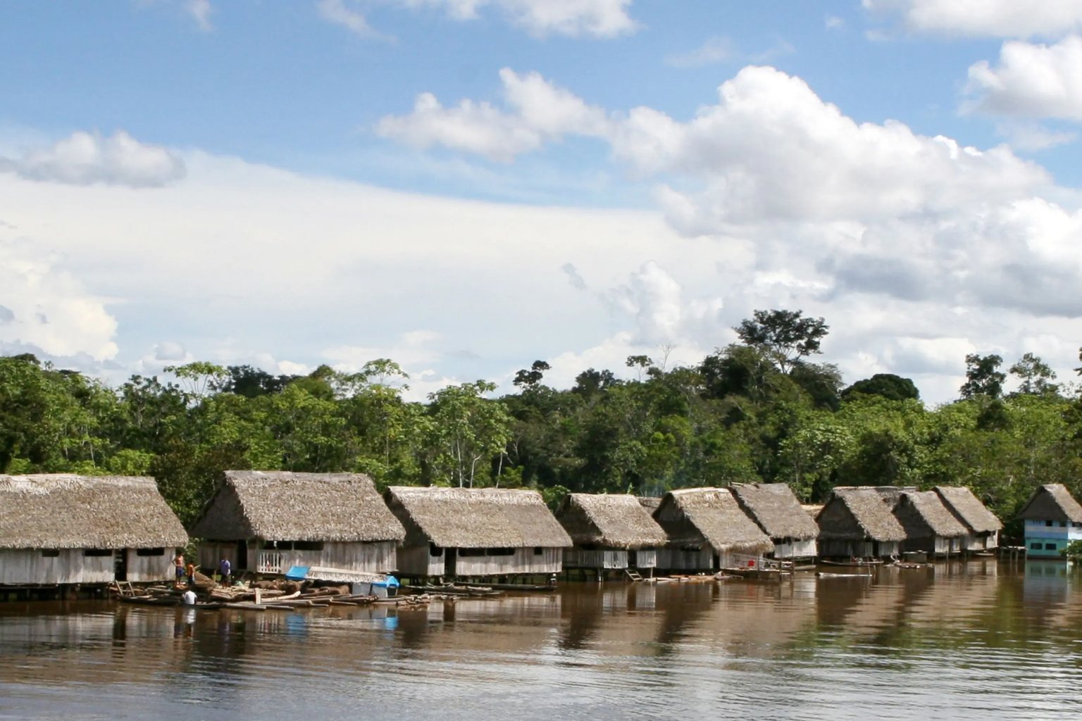 Thatched stilt houses along the riverbank