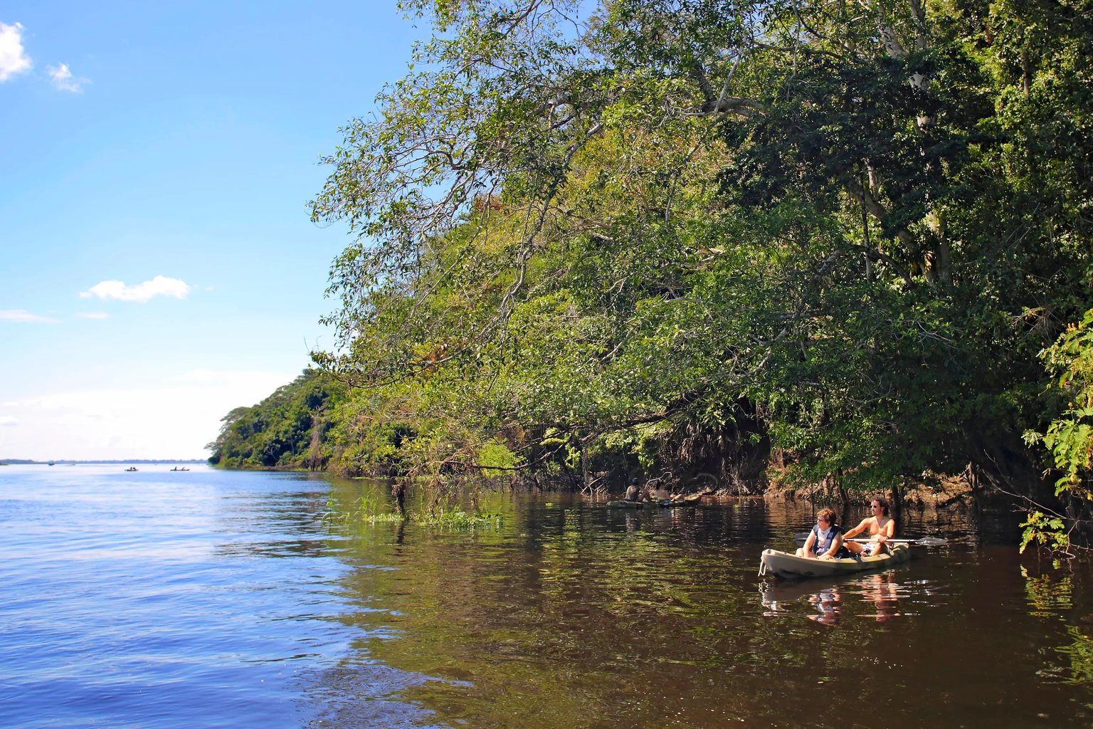 Two guests in a kayak along the forest edge