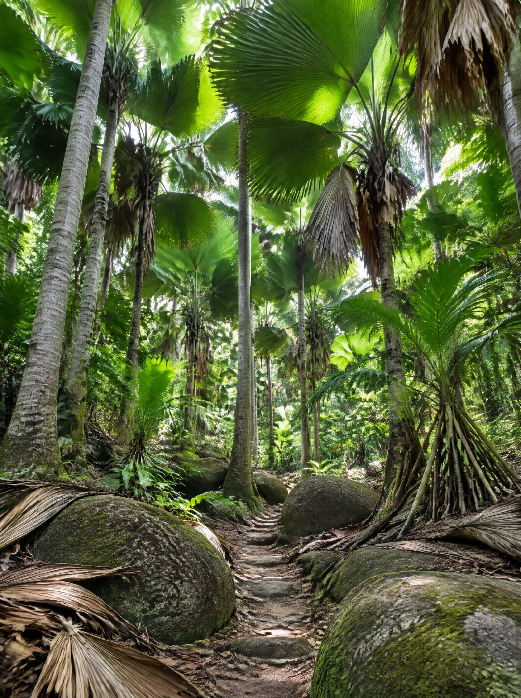 Coco de mer palms in the Vallée de Mai, Praslin, Seychelles
